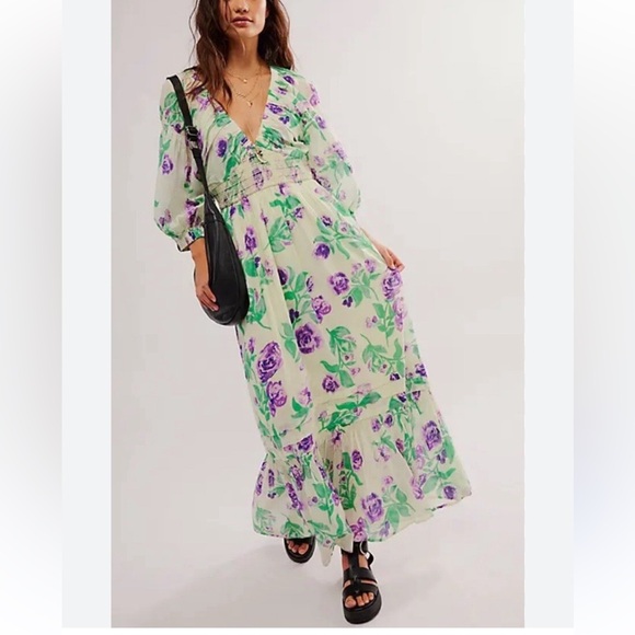 Free People Dresses & Skirts - Free People Floral Maxi Dress - Green and Purple